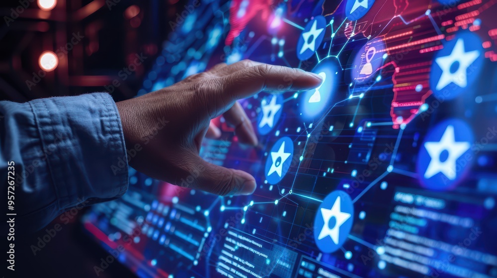 Poster a hand interacting with a digital interface, showcasing technology, data visualization, and modern c