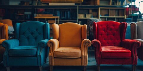 Obraz premium Three vibrant armchairs in blue, orange, and red in a cozy and stylish interior setting, showcasing diverse designs.