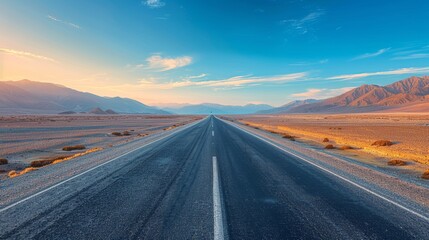 A long, winding road stretches through the vast desert landscape at sunset, framed by distant mountains under a vivid sky