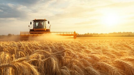 Fototapeta premium A harvester steadily cuts through a golden wheat field as the sun sets, casting warm tones across the landscape and highlighting the beauty of agricultural life