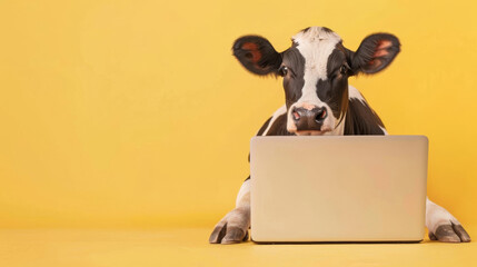 A playful cow using a laptop against a vibrant yellow background, showcasing a humorous take on modern technology.