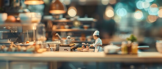 A miniature chef in a vibrant kitchen creates culinary masterpieces with precision and passion, showcasing the art of cooking.