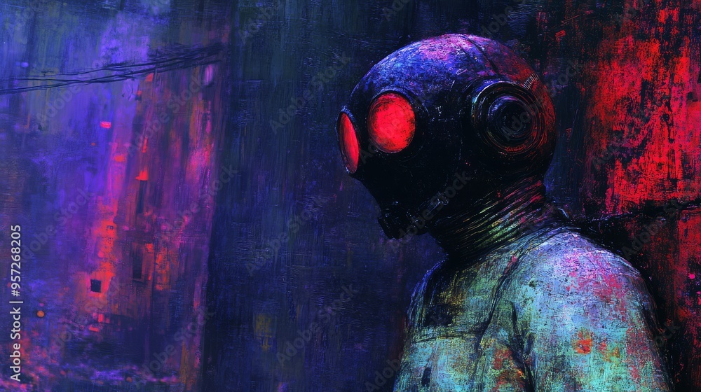 Poster supeheroic character concept featuring a mysterious figure in a vibrant abstract environment designe