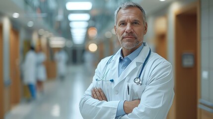 Fototapeta premium Experienced doctor in a hospital corridor confidently interacts with patients and staff during a busy afternoon