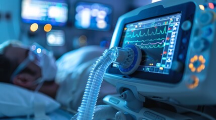 Patient receiving medical support in a hospital intensive care unit during the evening hours with vital signs monitoring equipment visible