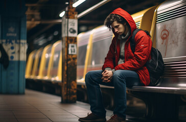 Fototapeta premium Thoughtful Man Riding Subway