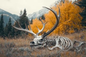 Obraz premium bones and skull Skelton of deer antler on autumn forest