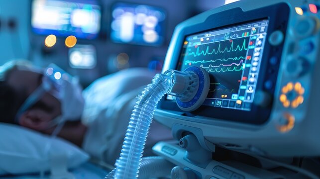 Patient receiving medical support in a hospital intensive care unit during the evening hours with vital signs monitoring equipment visible