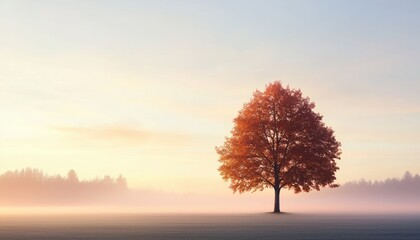Solitary Tree in Misty Autumn Morning with Vibrant Foliage and Soft Sunrise Light