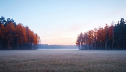 Fototapeta premium Serene Autumn Landscape with Misty Morning Fog and Vibrant Fall Foliage in a Tranquil Forest Clearing