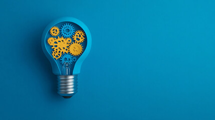 A creative light bulb filled with colorful gears, symbolizing innovation and ideas against a vibrant blue background.