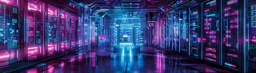 A vibrant, high-tech data center featuring neon lights and futuristic design, perfect for tech and digital themes.