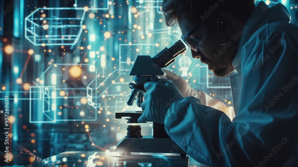 Poster a scientist examines a sample under a microscope, with digital overlay graphics representing modern 