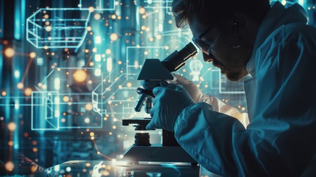 A scientist examines a sample under a microscope, with digital overlay graphics representing modern technology and innovation. - Powered by Adobe