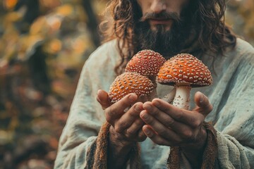 A man with long hair holds an amanita mushroom in his hands. A guide in a long robe, with a beard and long hair, extends mushrooms toward the camera. A mushroom guru. A psychedelic guide.