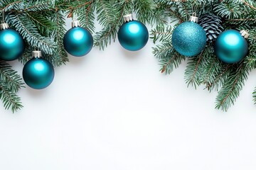 High view of cyan baubles with pine, designed for text-heavy Christmas projects.