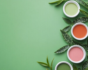 Beautiful arrangement of colorful paints surrounded by green leaves on a fresh green background, perfect for creative projects.