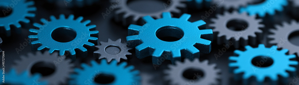 Poster close-up of interlocking gears in blue and gray, showcasing intricate mechanical design and technolo