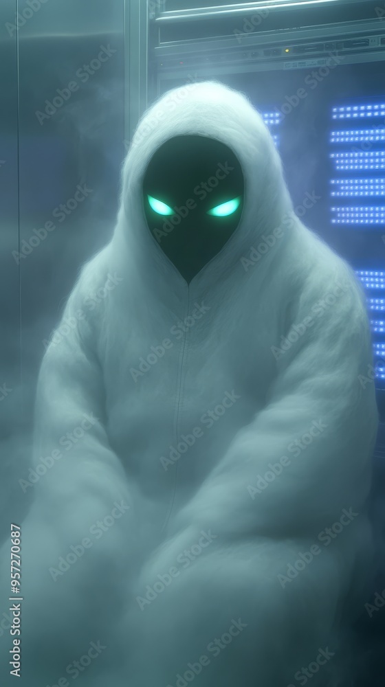 Poster a mysterious hero character in a futuristic setting shrouded in mist with glowing eyes perfect for m