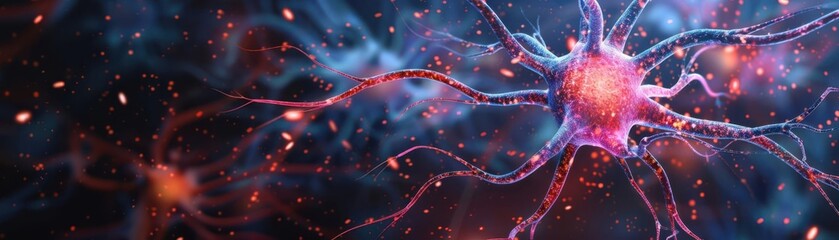A neuron with dendrites and axon visibly transmitting electrical signals, set against a dark microscopic background