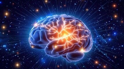 A brain with glowing neurons and cosmic background
