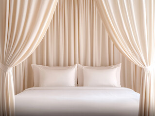 Elegant bedroom design featuring soft curtains and plush pillows, creating a serene and inviting atmosphere for relaxation.