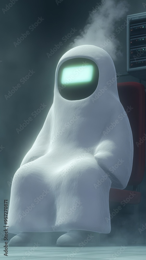 Poster supehero character design concept seated in a misty environment with glowing features showcasing a u