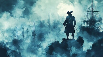 Ghostly pirate captain, lost in a maze of fog, eerie night, Watercolor style