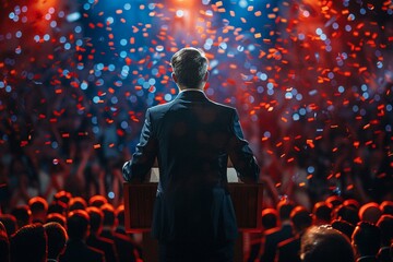 An inspiring speaker addresses an enthusiastic crowd, illuminated by vibrant lights and energetic atmosphere