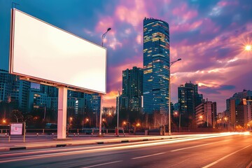 Fototapeta premium A vibrant cityscape at dusk featuring a blank billboard ready for advertisement against a backdrop of modern buildings.