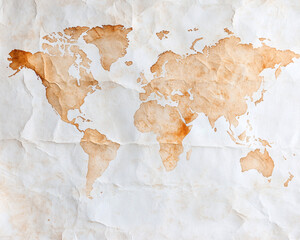 Vintage world map on crumpled paper showcasing continents with brown tones, perfect for travel-themed design projects.