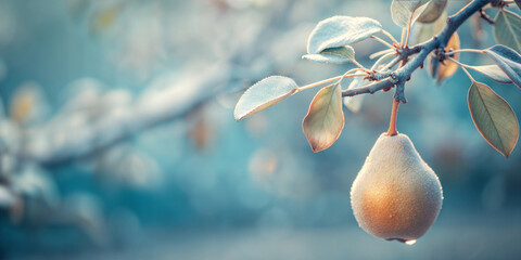 Frosty pear branch with pear fruit in a calm winter setting copy space
