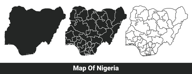 Black map of Nigeria flat and outline style vector illustration set