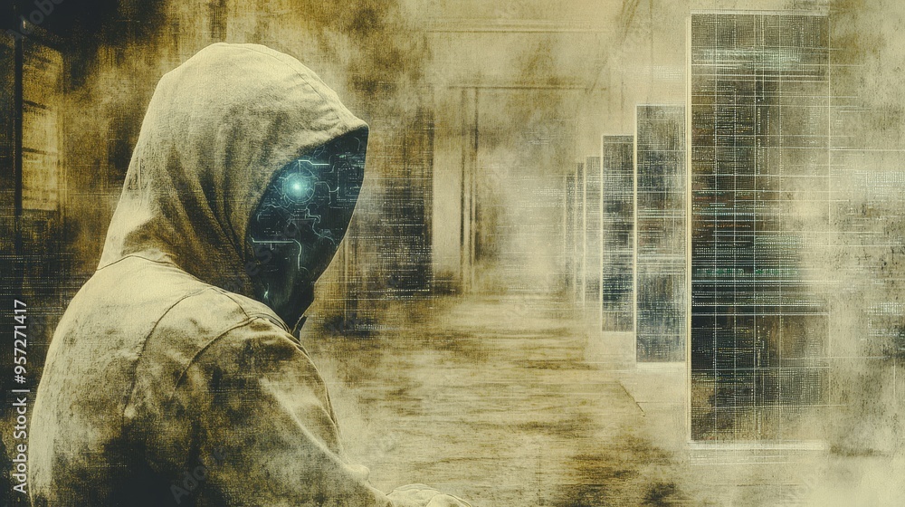 Poster a futuristic hero character explores a mysterious digital landscape with glowing elements in a capti