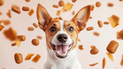 Happy Dog with Falling Treats, Modern Illustration.