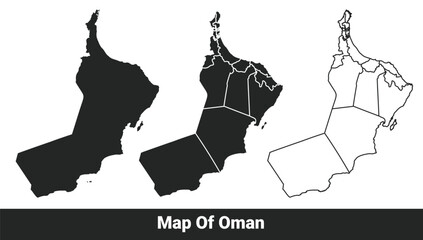 Black map of Oman flat and outline style vector illustration set