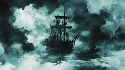 Pirate ghost ship, trapped in an eternal storm, cursed crew, Watercolor style