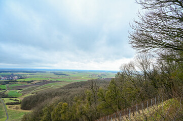 Panoramic view from the terroir f Handthal viewing platform of the surrounding vineyards, countryside and villages with far-reaching views of the Steigerwald, Handthal, Schweinfurt, Franconia, Bavaria