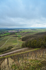 Naklejka premium Panoramic view from the terroir f Handthal viewing platform of the surrounding vineyards, countryside and villages with far-reaching views of the Steigerwald, Handthal, Schweinfurt, Franconia, Bavaria