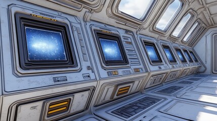 Obraz premium Exploring the moon: A futuristic spaceship control room with advanced displays and intricate technology