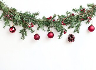 Festive Christmas garland with red and green decorations on a white background, top view.