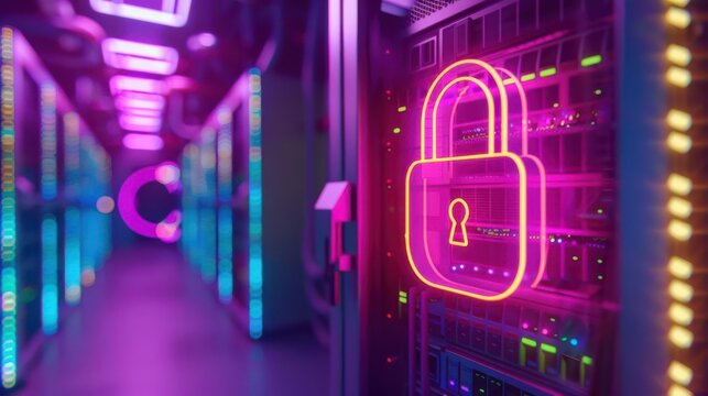 Secure server room with glowing LED lights, server racks and digital padlocks overlay, symbolizing robust data protection