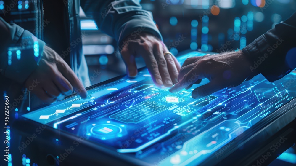 Poster close-up of hands interacting with a futuristic touchscreen interface showcasing advanced technology