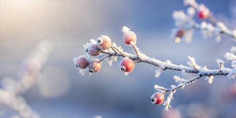 Fototapeta premium Frosty hawthorn branch with berries in a magical winter setting copy space 