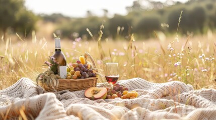A romantic picnic blanket in a middle eastern farm field landscape