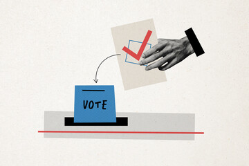 Composite photo collage of hand throw ballot registration box arrow sign choice election vote...