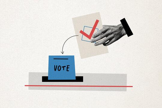 Composite photo collage of hand throw ballot registration box arrow sign choice election vote procedure isolated on painted background