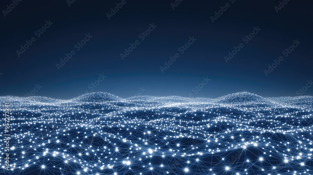 Poster an immersive digital network showcases glowing connections and particles against a dark blue backdro