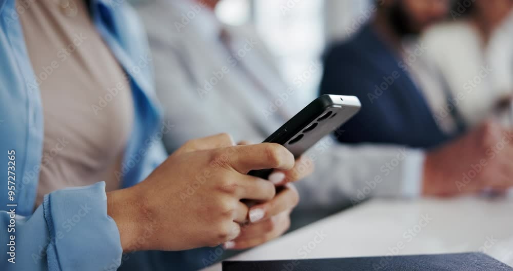 Aufkleber hands, texting and meeting in office, cellphone and networking for research, journalism and social m