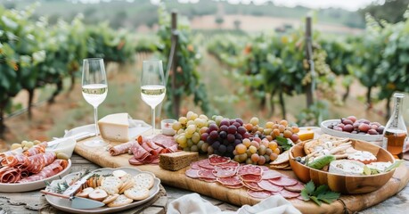 Outdoor picnic at a vineyard, lush green vines, charcuterie board